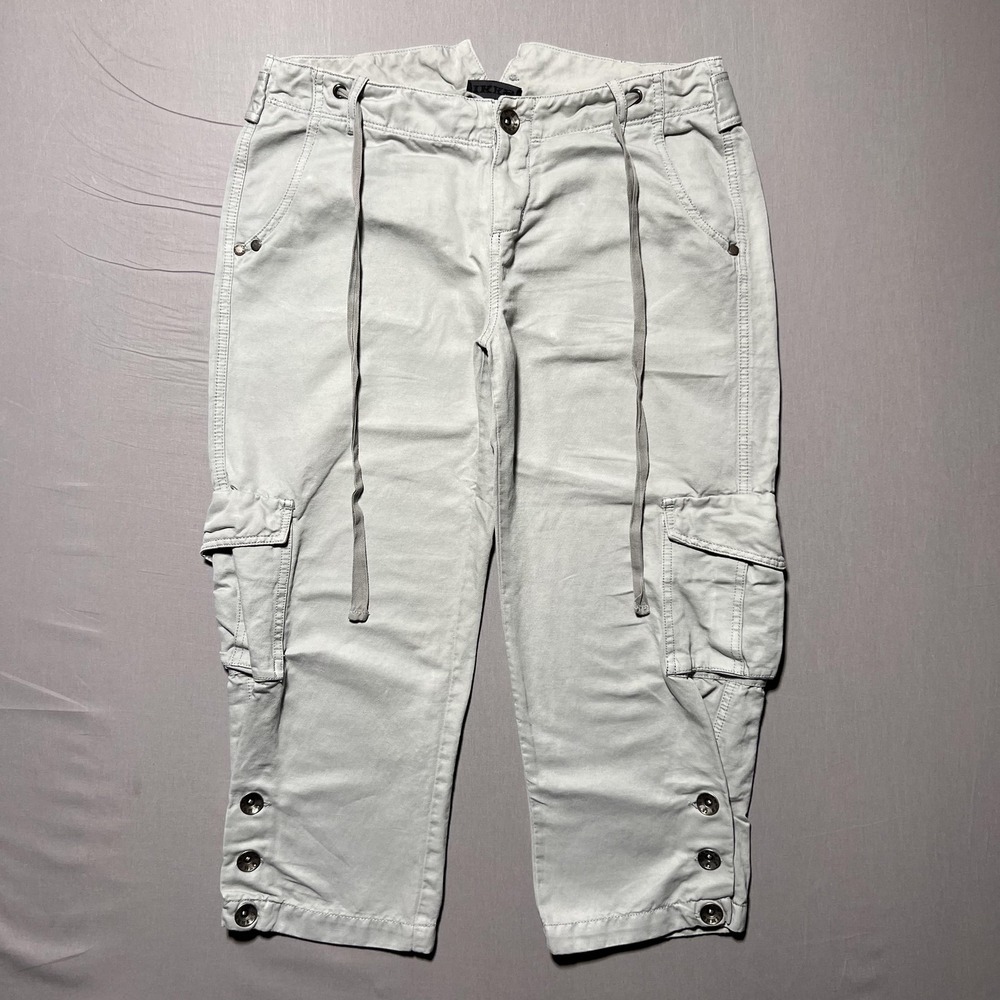 IKKS Cargo Pants Womens‎ 40 Light Gray Cropped Capri Drawstring Button Hem Twill